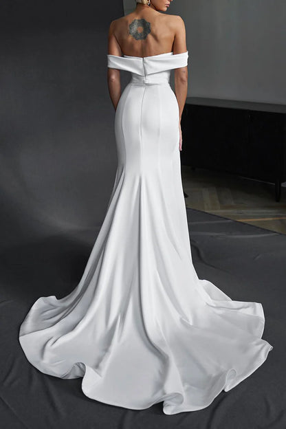 Sleek Mermaid Off Shoulder Short Sleeve Zipper Back Train Length Wedding Dress