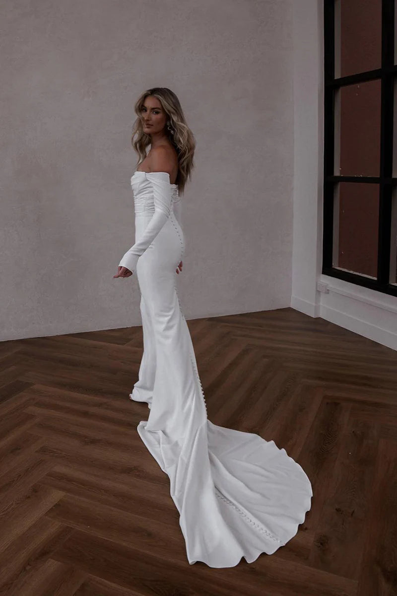Sleek Mermaid Off-The-Shoulder Long-Sleeve Open-Back Train-Length Wedding Dress