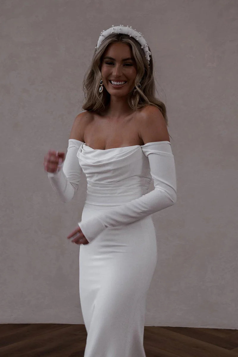 Sleek Mermaid Off-The-Shoulder Long-Sleeve Open-Back Train-Length Wedding Dress