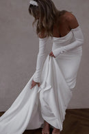 Sleek Mermaid Off-The-Shoulder Long-Sleeve Open-Back Train-Length Wedding Dress