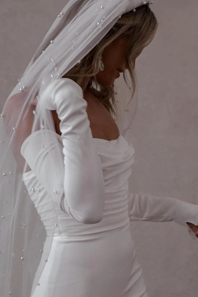 Sleek Mermaid Off-The-Shoulder Long-Sleeve Open-Back Train-Length Wedding Dress