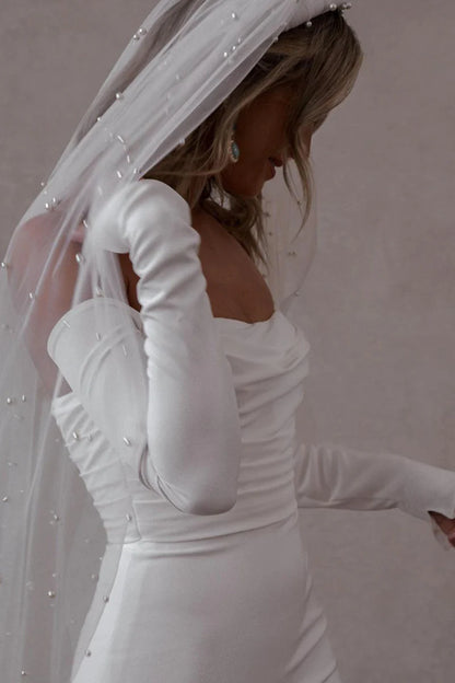 Sleek Mermaid Off-The-Shoulder Long-Sleeve Open-Back Train-Length Wedding Dress