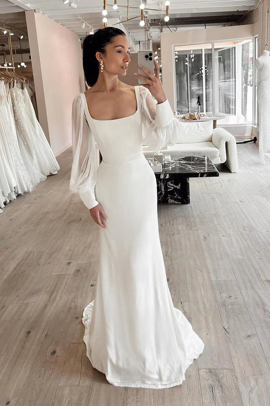 Sleek Mermaid Square-Neck Detachable-Tulle-Sleeve Corset-Back Train-Length Wedding Dress