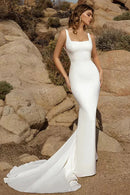 Sleek Mermaid Square Neck Sleeveless Button Back Train Length Wedding Dress