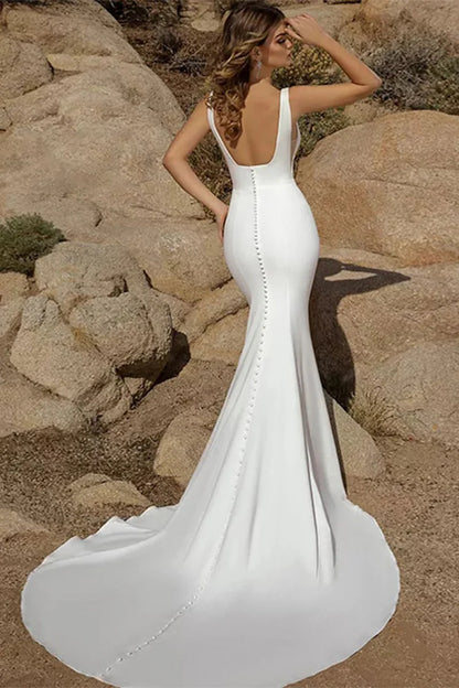 Sleek Mermaid Square Neck Sleeveless Button Back Train Length Wedding Dress