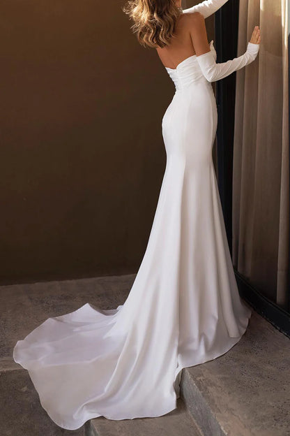 Sleek Mermaid Strapless Detachable Sleeve Open Back Train Length Wedding Dress