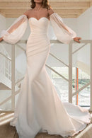 Sleek Mermaid Sweetheart Detachable Puff Sleeve Zipper Back Train Length Wedding Dress
