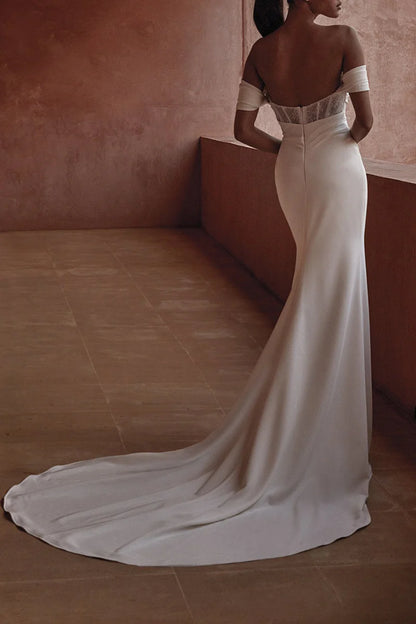 Sleek Mermaid Sweetheart Off-Shoulder Open-Back Train-Length Wedding Dress