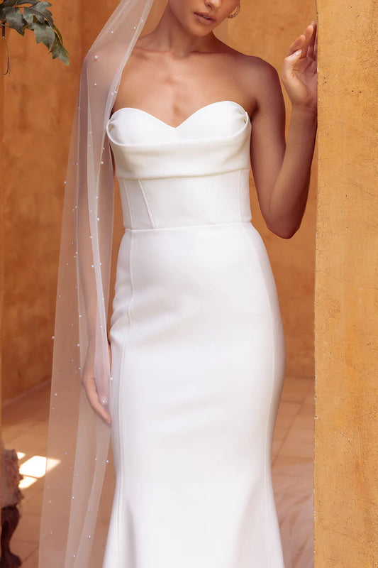 Sleek Mermaid Sweetheart Strapless Corset-Back Train-Length Wedding Dress