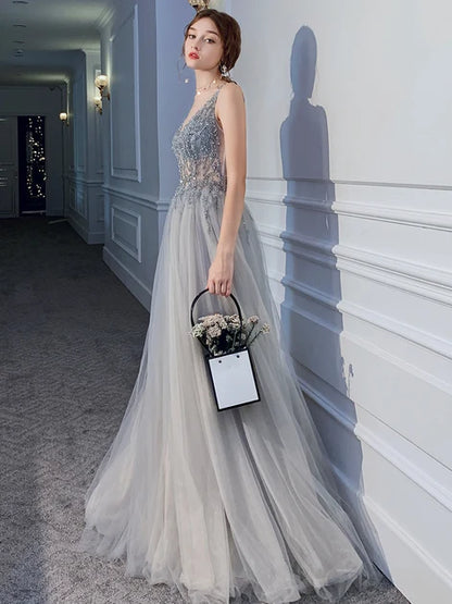 Grey V Neck Beaded Tulle Prom Dress High Side Slit