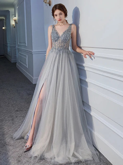 Grey V Neck Beaded Tulle Prom Dress High Side Slit