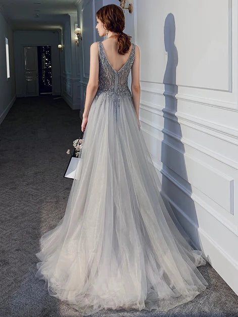 Grey V Neck Beaded Tulle Prom Dress High Side Slit