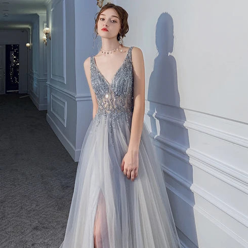 Grey V Neck Beaded Tulle Prom Dress High Side Slit