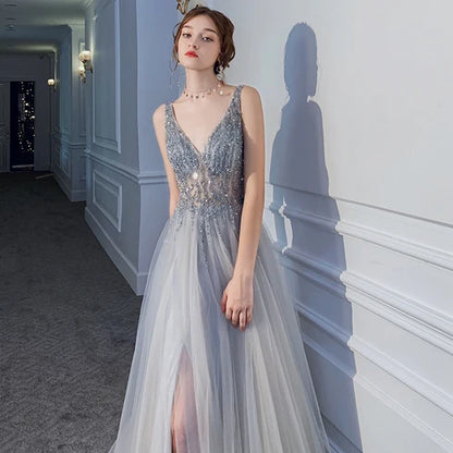 Grey V Neck Beaded Tulle Prom Dress High Side Slit