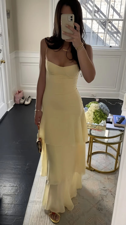 Soft Sheath Cowl-neck Spaghetti-strap Solid-back Floor-length Tiered Prom Dress
