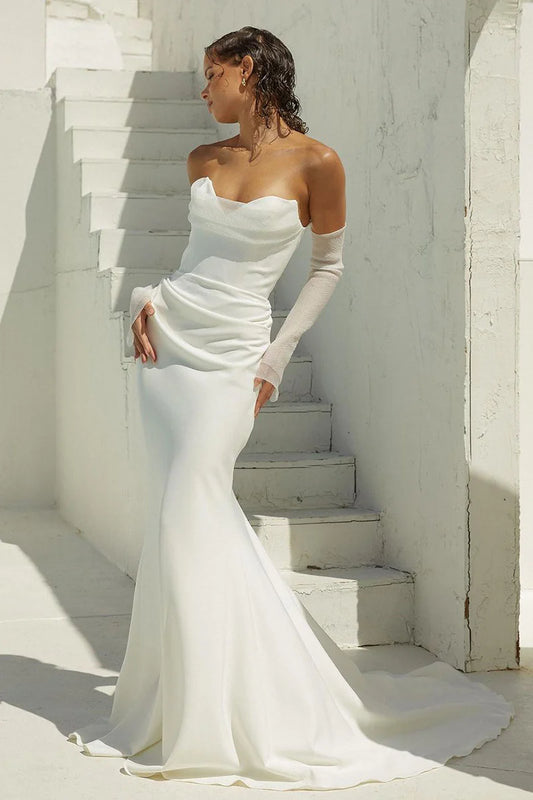 Sophisticated Mermaid Strapless Sheer-Long-Sleeve Open-Back Court Train Wedding Dress