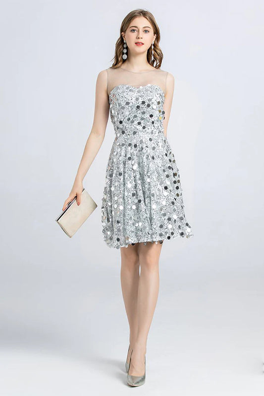 Sparkling A-Line Jewel Neck Sleeveless Sequin Lace Mini Homecoming Dress.