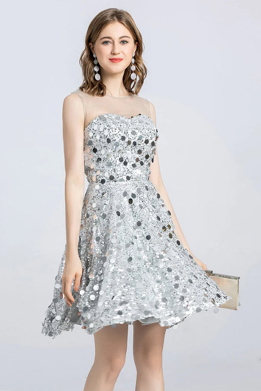 Sparkling A-Line Jewel Neck Sleeveless Sequin Lace Mini Homecoming Dress.