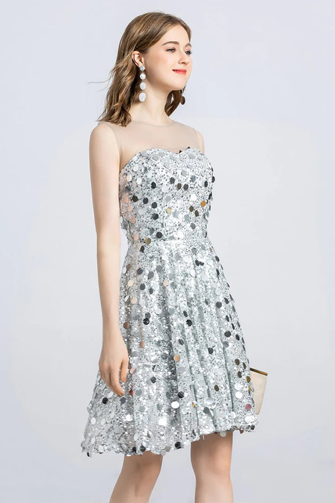 Sparkling A-Line Jewel Neck Sleeveless Sequin Lace Mini Homecoming Dress.