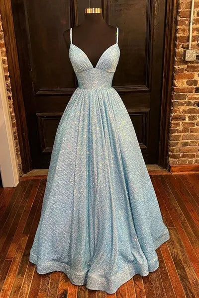 Sparkling A-Line V-Neck Glitter Spaghetti Strap Light Blue Floor-Length Prom Dress.