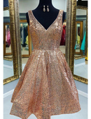 Sparkling A-Line V-Neck Sequined Tea-Length Homecoming Party Dress.
