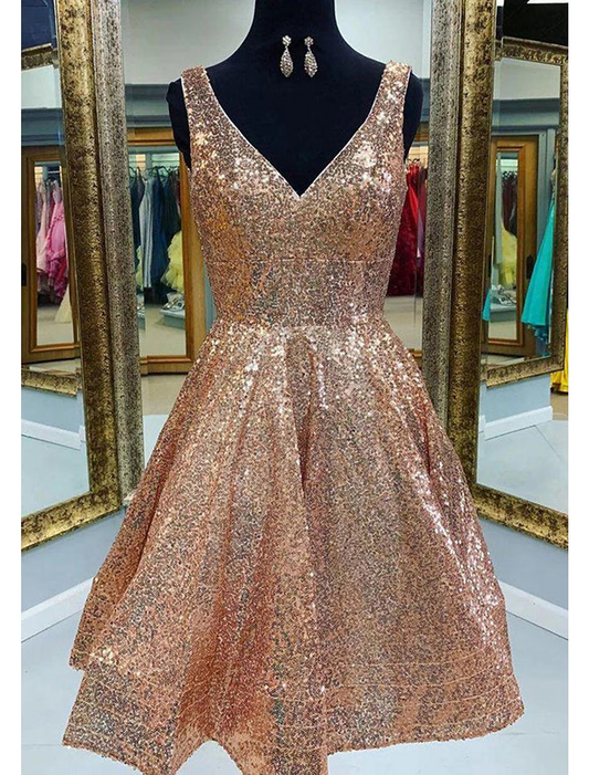 Sparkling A-Line V-Neck Sequined Tea-Length Homecoming Party Dress.