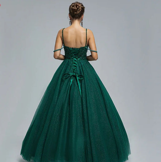 Sparkling Ball Gown Spaghetti Strap Tulle Sequin Pearl Floor Length Prom Dress.