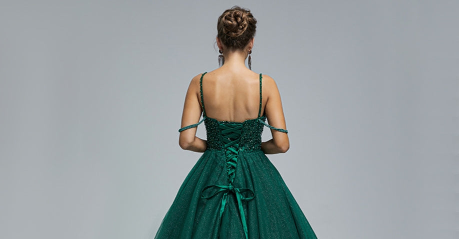 Sparkling Ball Gown Spaghetti Strap Tulle Sequin Pearl Floor Length Prom Dress.