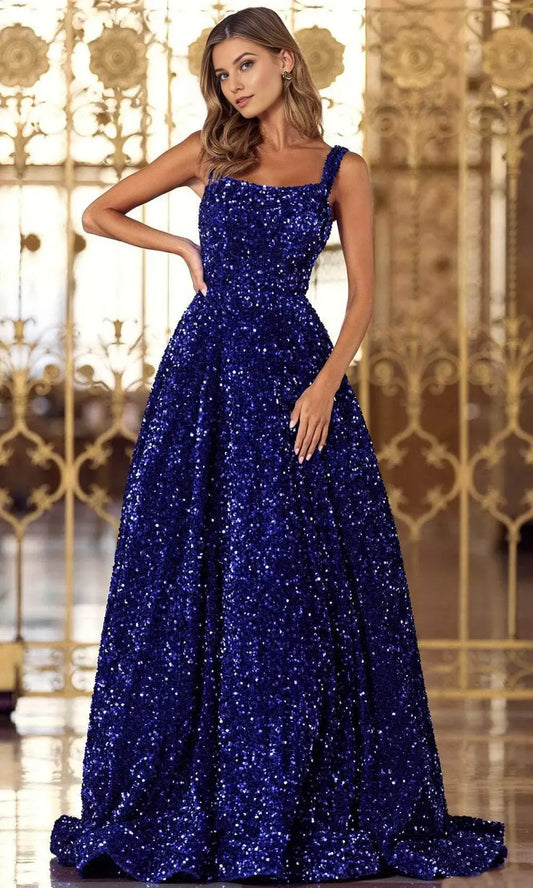 Sparkling Ballgown Square Neck Sleeveless Open Back Train Length Prom Dress