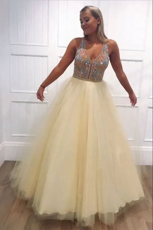 Sparkling Halter Beaded Cut-Out Back Pale Yellow Tulle Ball Gown Prom Dress.