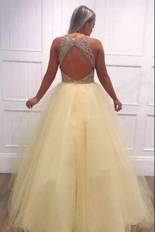 Sparkling Halter Beaded Cut-Out Back Pale Yellow Tulle Ball Gown Prom Dress.