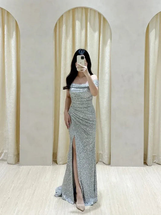 Sparkling Mermaid Off-Shoulder Slit Train-Length Silver Glitter Prom Dress Gown.