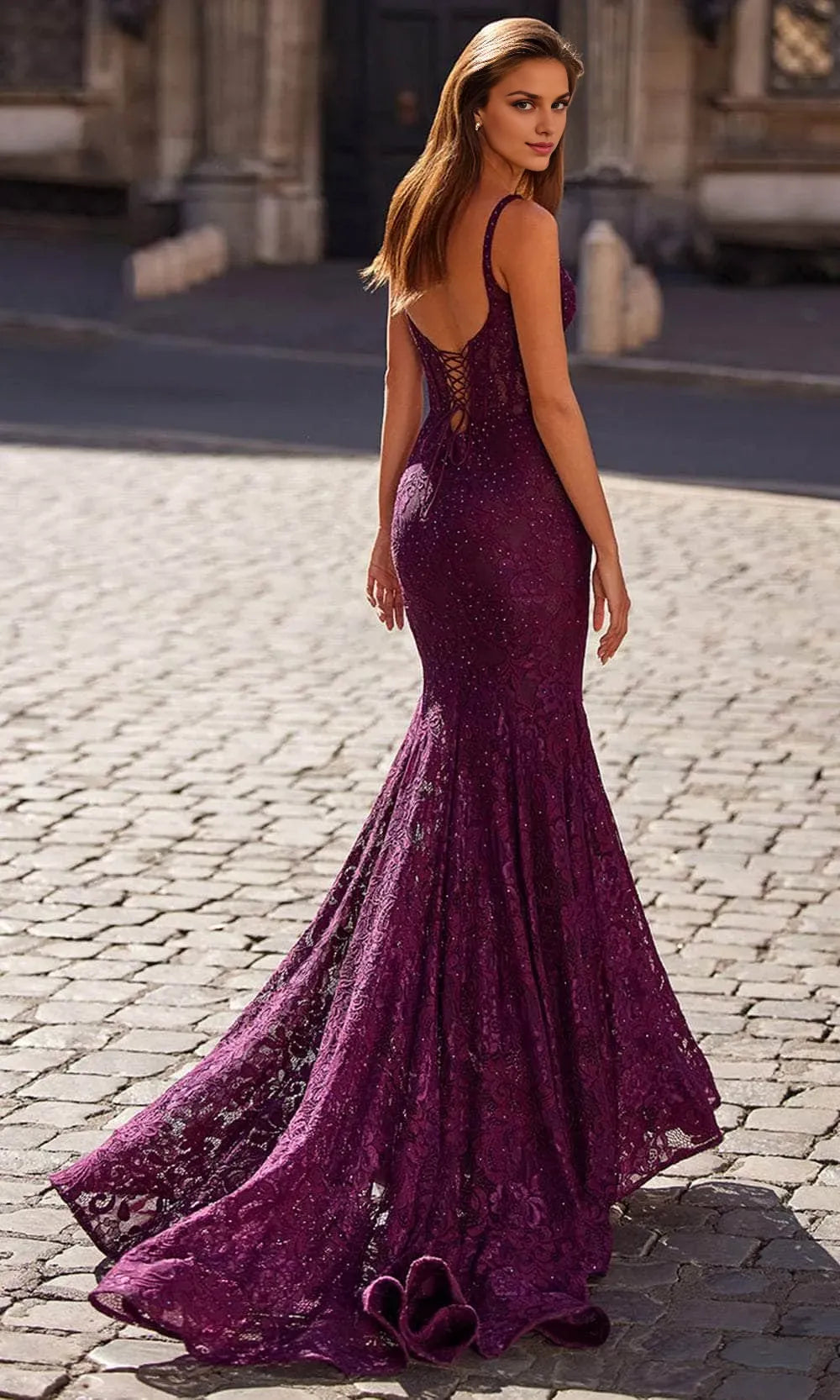 Sparkling Mermaid Square Neck Spaghetti Strap Lace Up Back Train Length Prom Dress