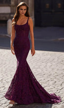 Sparkling Mermaid Square Neck Spaghetti Strap Lace Up Back Train Length Prom Dress