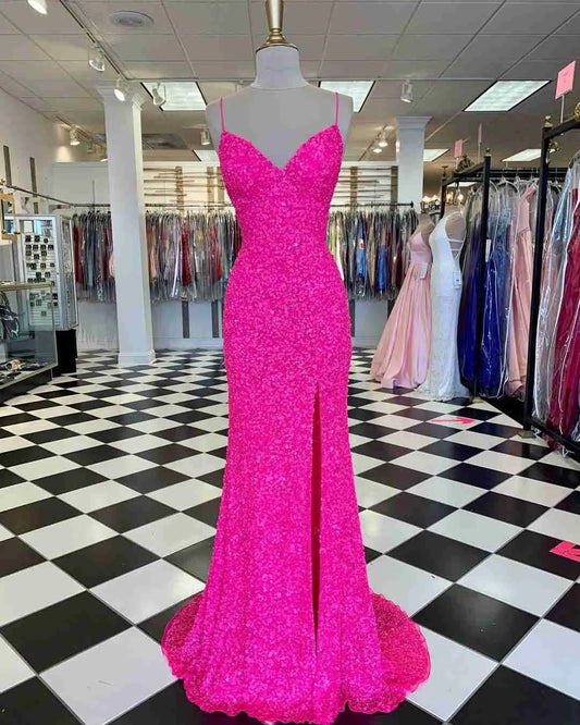 Sparkling Mermaid Sweetheart Spaghetti-Strap High-Slit Hot Pink Floor-Length Prom Dress.