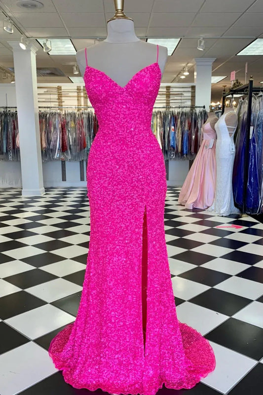 Sparkling Mermaid Sweetheart Spaghetti-Strap High-Slit Hot Pink Floor-Length Prom Dress.