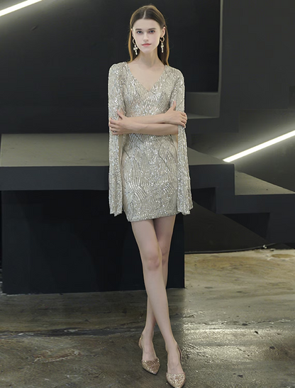 Sparkling Sheath V-Neck Long Sleeve Sequined Mini Homecoming Dress.