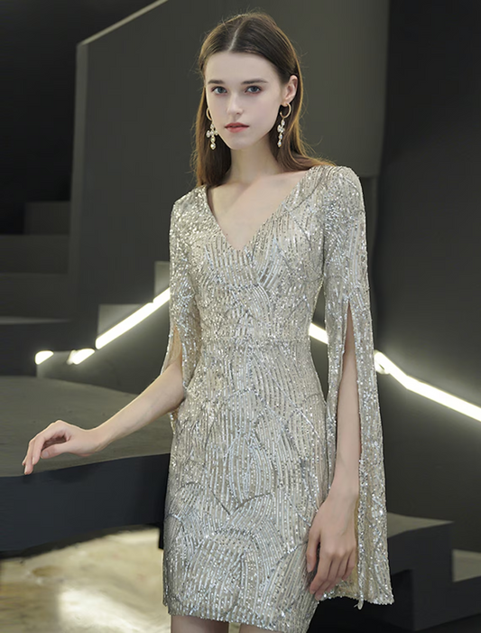 Sparkling Sheath V-Neck Long Sleeve Sequined Mini Homecoming Dress.