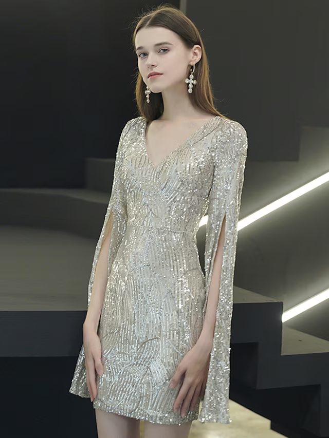 Sparkling Sheath V-Neck Long Sleeve Sequined Mini Homecoming Dress.