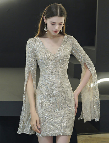 Sparkling Sheath V-Neck Long Sleeve Sequined Mini Homecoming Dress.
