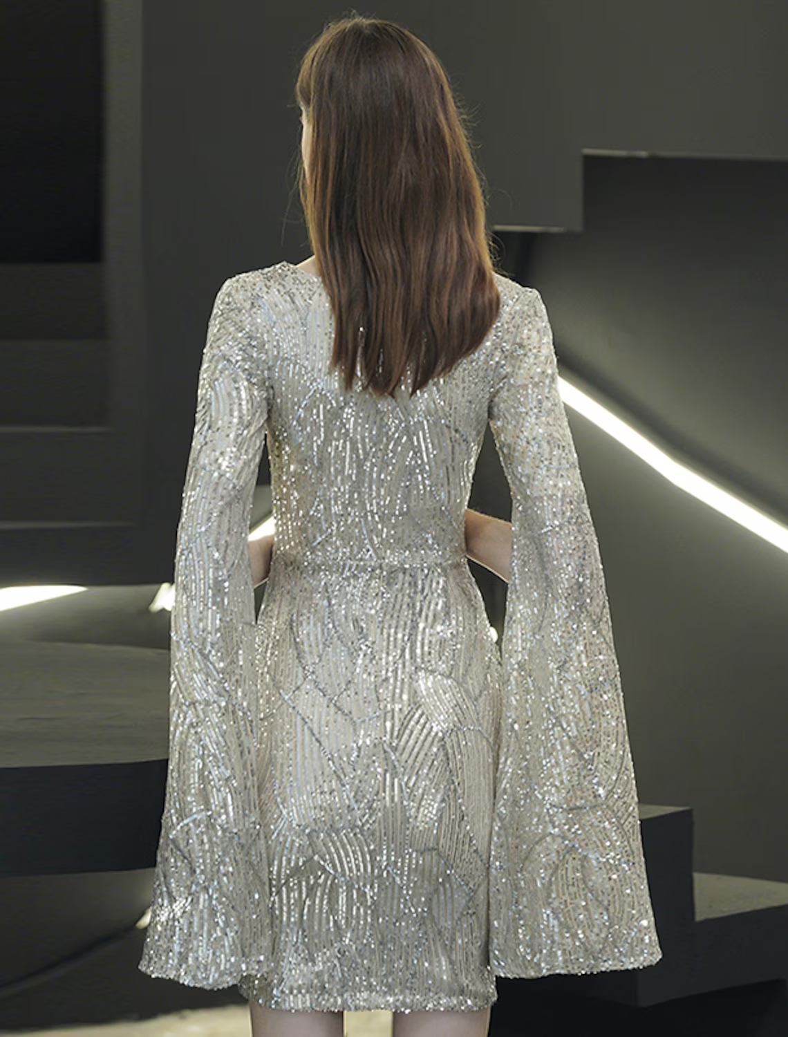 Sparkling Sheath V-Neck Long Sleeve Sequined Mini Homecoming Dress.