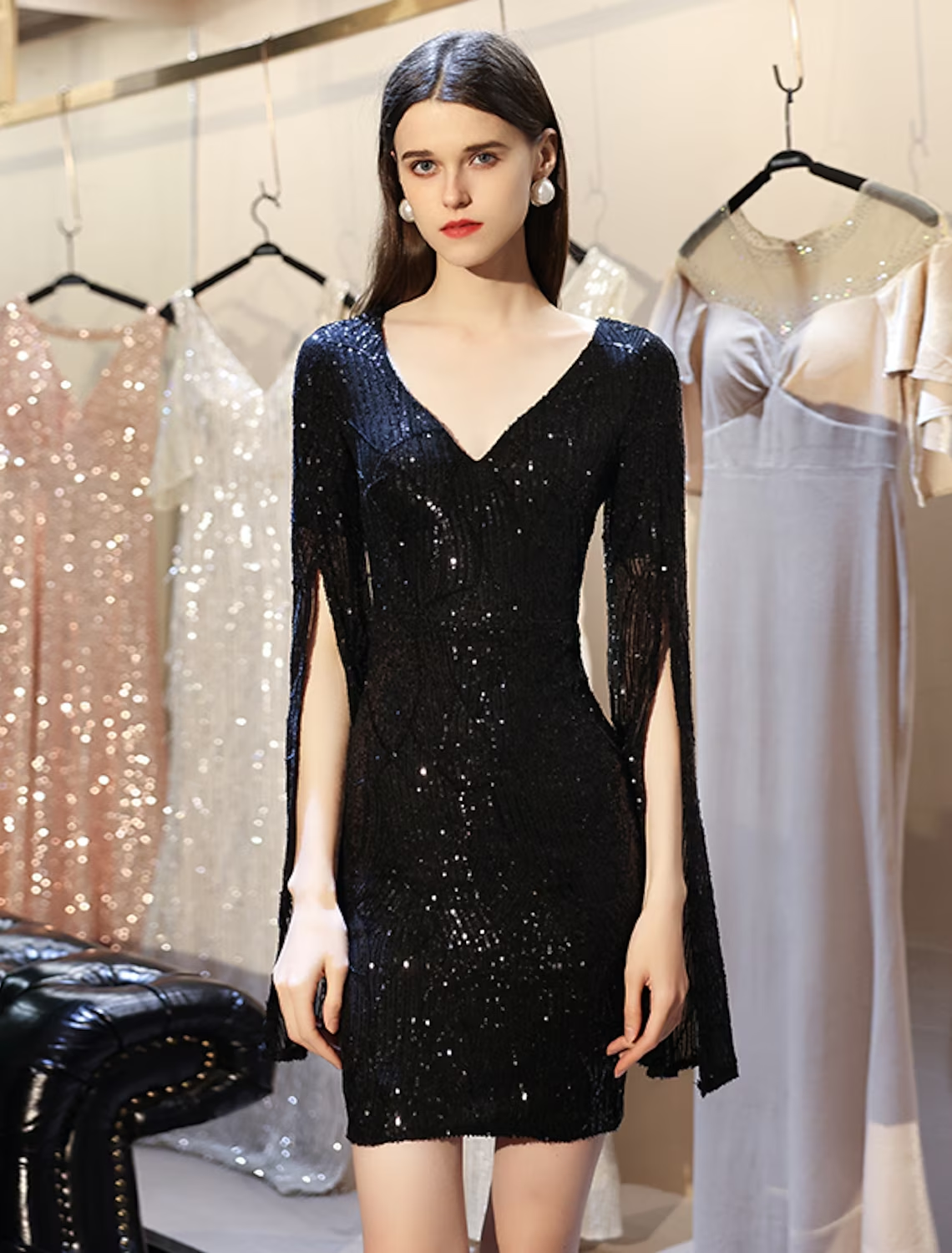 Sparkling Sheath V-Neck Long Sleeve Sequined Mini Homecoming Dress.