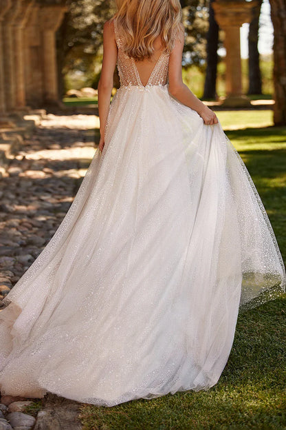Sparkly A-Line Plunge V Neck Spaghetti Strap Open Back Train Length Wedding Dress