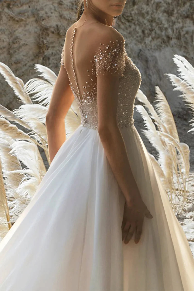 Sparkly Ball Gown Off Shoulder Short Sleeve Open Back Cathedral Train Wedding Dress