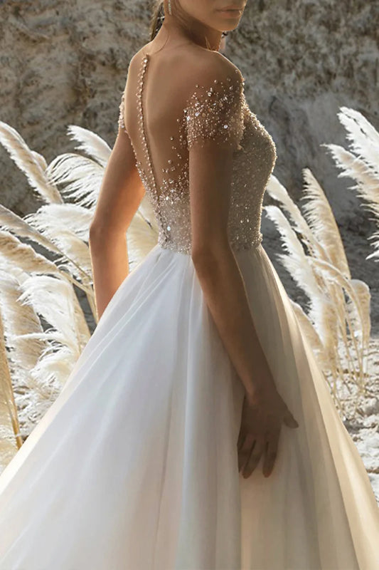 Sparkly Ball Gown Off Shoulder Short Sleeve Open Back Cathedral Train Wedding Dress