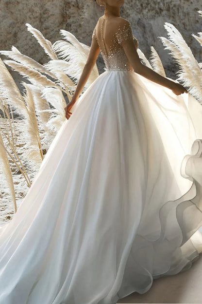 Sparkly Ball Gown Off Shoulder Short Sleeve Open Back Cathedral Train Wedding Dress