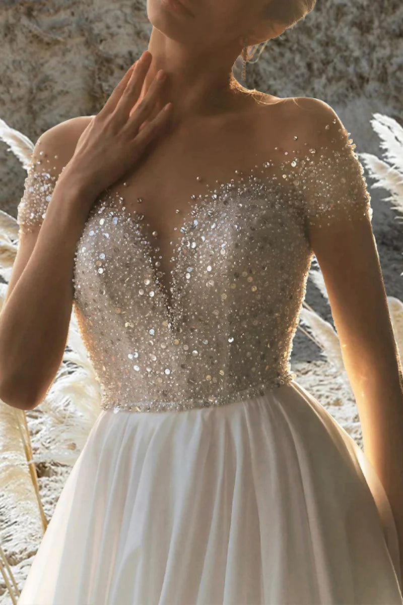 Sparkly Ball Gown Off Shoulder Short Sleeve Open Back Cathedral Train Wedding Dress