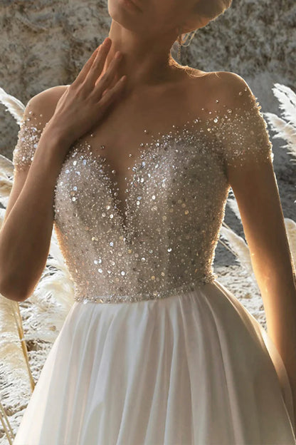 Sparkly Ball Gown Off Shoulder Short Sleeve Open Back Cathedral Train Wedding Dress