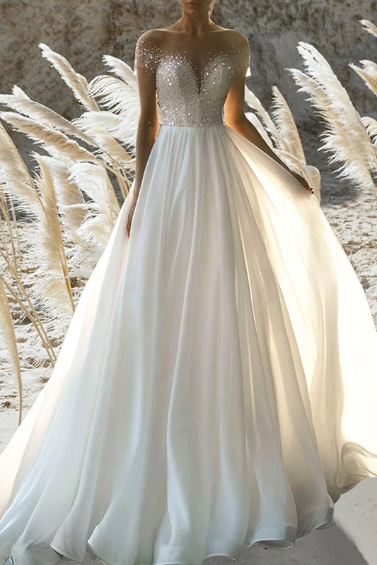 Sparkly Ball Gown Off Shoulder Short Sleeve Open Back Cathedral Train Wedding Dress