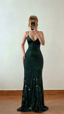 Sparkly Mermaid Deep‑V Spaghetti Strap Lace‑Up Back Floor‑Length Prom Dress